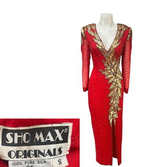 Vintage 1980s Sho Max Originals Red Silk Beaded Sequin Gown / Size XS - Picture 1 of 4